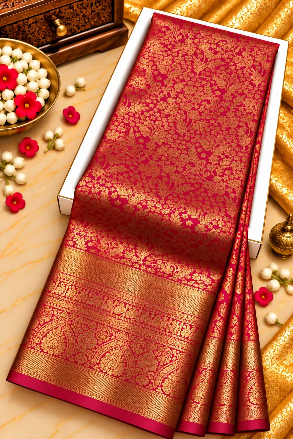 Cherry Red Rich Floral Jaal Semi Kanchipuram Silk Saree
